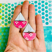 Load image into Gallery viewer, Pale Mint Flowers on Cerise Upcycled Tin Sailboat Earrings