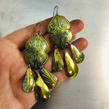 Load image into Gallery viewer, Verdigris &amp; Golden Swirls Zero Waste Tin Chandelier Earrings