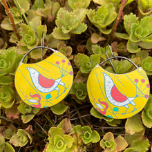 Load image into Gallery viewer, Mod Birds on Goldenrod Crescent Circles Upcycled Tin Earrings