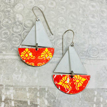 Load image into Gallery viewer, Vintage Scarlet &amp; Gold Upcycled Tin Sailboat Earrings