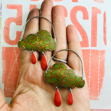 Load image into Gallery viewer, Olive Crackle Clouds &amp; Scarlet Rain Drops Zero Waste Tin Earrings