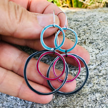 Load image into Gallery viewer, Teal, Cerise &amp; Midnight Circle Scribbles Upcycled Tin Scribble Earrings