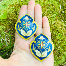 Load image into Gallery viewer, Big Blue Flowers in Yellow Frame Upcycled Tin Earrings