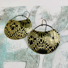 Load image into Gallery viewer, Golden Lace on Midnight Circles Upcycled Tin Earrings