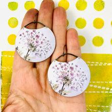 Load image into Gallery viewer, Purple-y Pink Allium Blossoms Circles Upcycled Tin Earrings