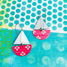 Load image into Gallery viewer, Pale Mint Flowers on Cerise Upcycled Tin Sailboat Earrings