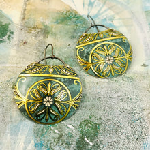 Load image into Gallery viewer, Teal &amp; Gold Circles Upcycled Tin Earrings