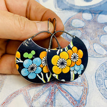Load image into Gallery viewer, Big Blossoms On Midnight Blue Circles Upcycled Tin Earrings