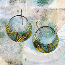 Load image into Gallery viewer, Teal &amp; Gold Crescent Circles Upcycled Tin Earrings