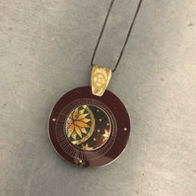 Load image into Gallery viewer, Reversible Upcycled Tin Collage Necklace by ChristineTerrell for adaptive reuse jewelry