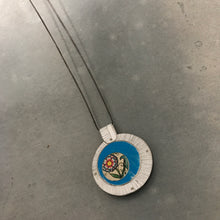 Load image into Gallery viewer, Reversible Upcycled Tin Collage Necklace by ChristineTerrell for adaptive reuse jewelry