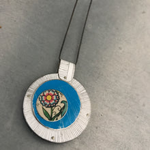 Load image into Gallery viewer, Reversible Upcycled Tin Collage Necklace by ChristineTerrell for adaptive reuse jewelry