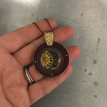 Load image into Gallery viewer, Reversible Upcycled Tin Collage Necklace by ChristineTerrell for adaptive reuse jewelry